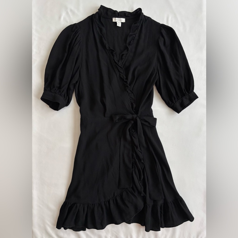 Topshop front wrap mini dress with ribbon tie; black (size 4 US)